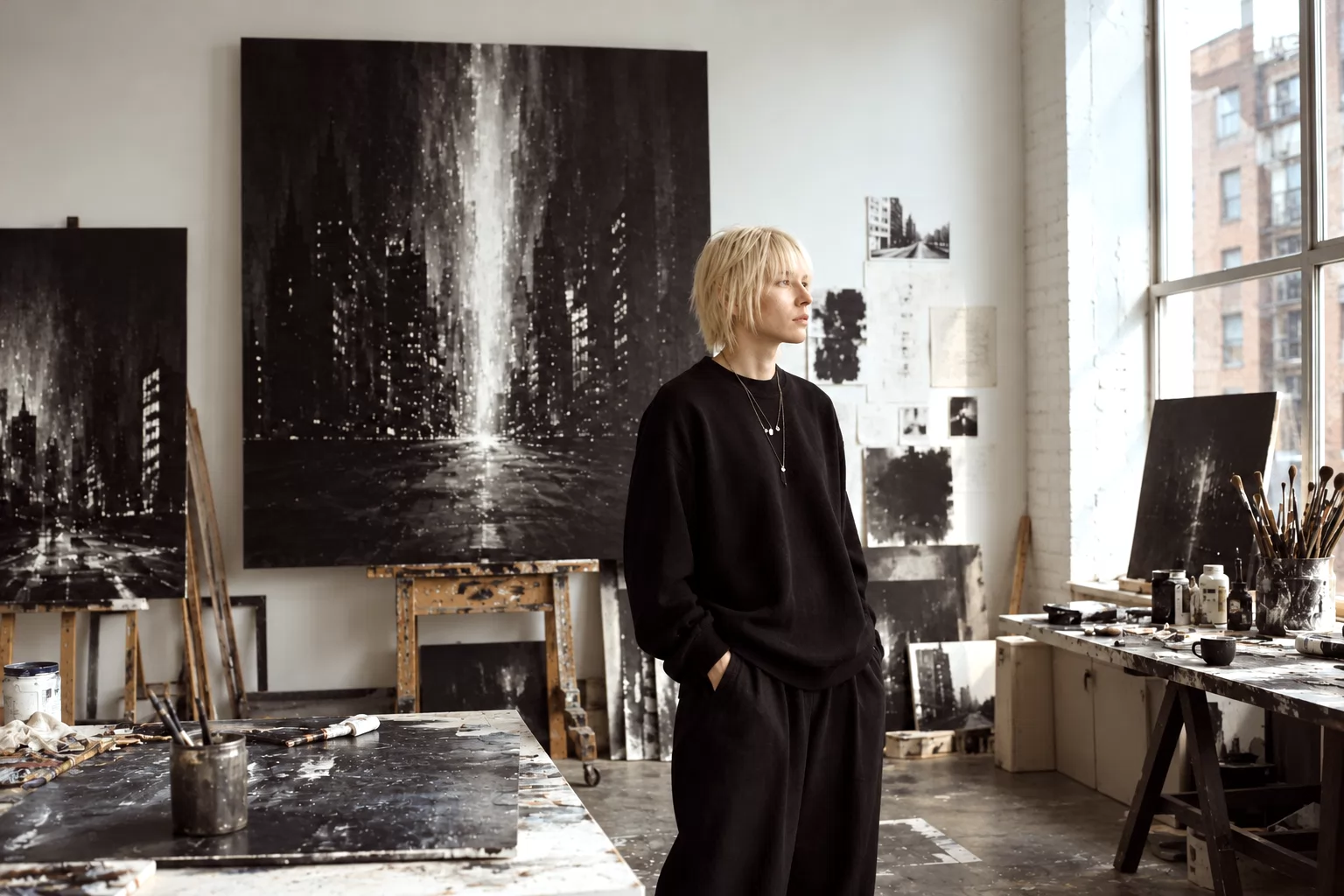 Ana Šda standing in her studio beside large monochrome paintings